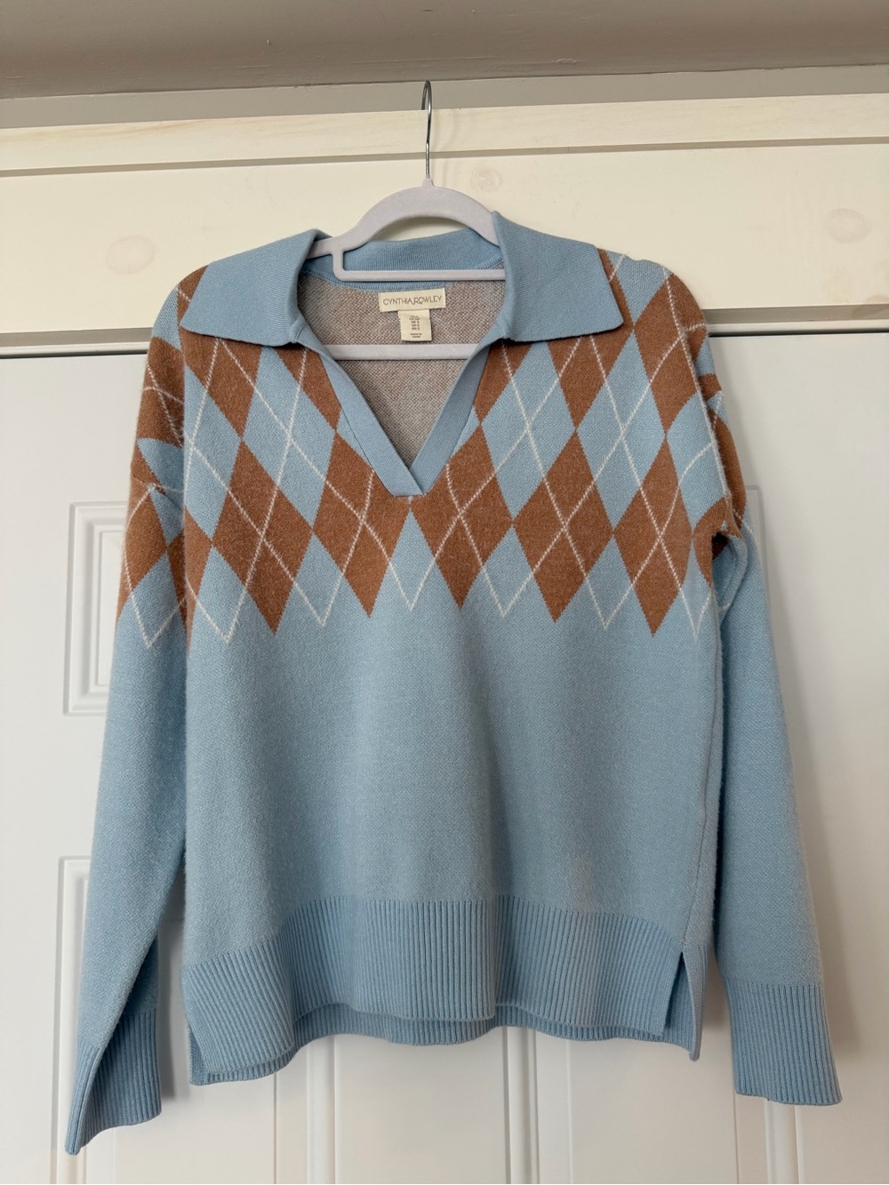 Cynthia Rowley Sky Blue & Brown Argyle Collared V-Neck Sweater